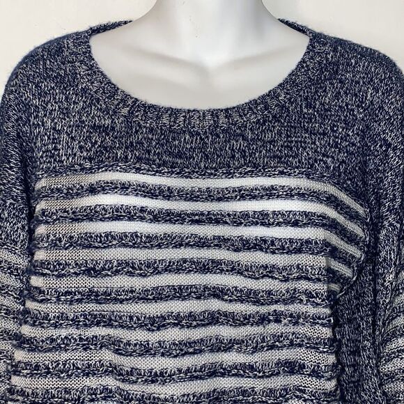 QUINN Navy Blue Textured Striped Marled Linen Cashmere Blend Crop Sweater -XS - Picture 2 of 7